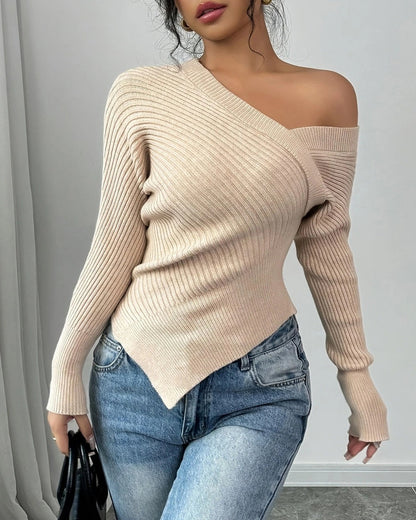 Sexy Off-the-shoulder Irregular Knit Stretch Sweater