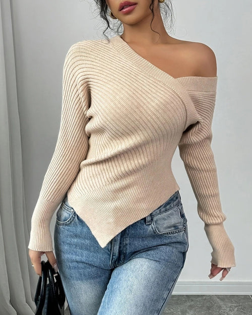 Sexy Off-the-shoulder Irregular Knit Stretch Sweater