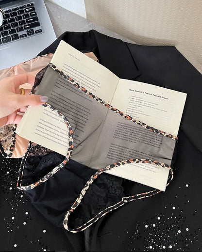 Leopard Print Lace Patchwork Mesh See-through Cutout Bell Bow Decoration Panties