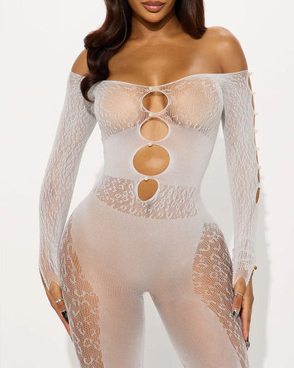 Sexy Leopard Print Jacquard Pearl-embellished Cutout Long-sleeved Jumpsuit