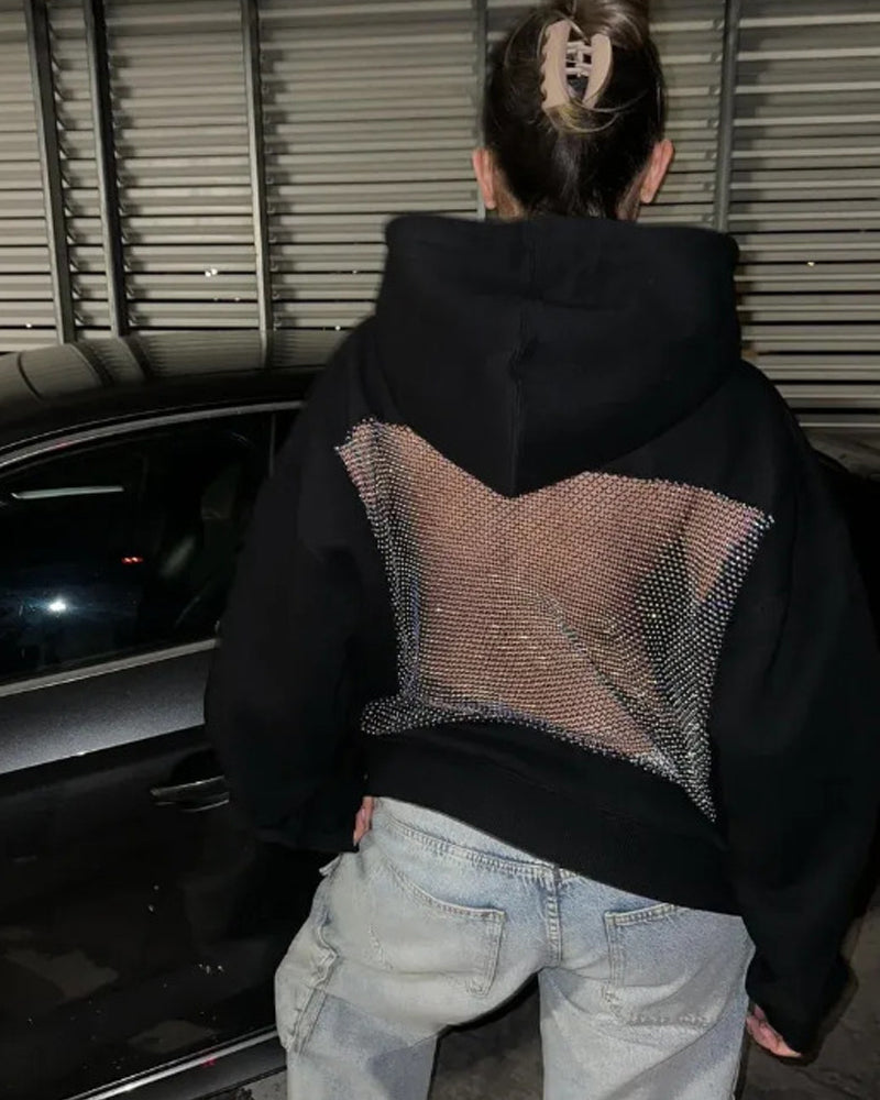 Fashion Solid Color Backless Cutout Mesh Panel Long-sleeved Hooded Sweatshirt