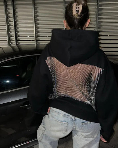 Fashion Solid Color Backless Cutout Mesh Panel Long-sleeved Hooded Sweatshirt