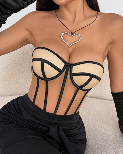 Sexy Underwired Backless Drawstring Waist Tight-fitting Sheer Bandeau Top
