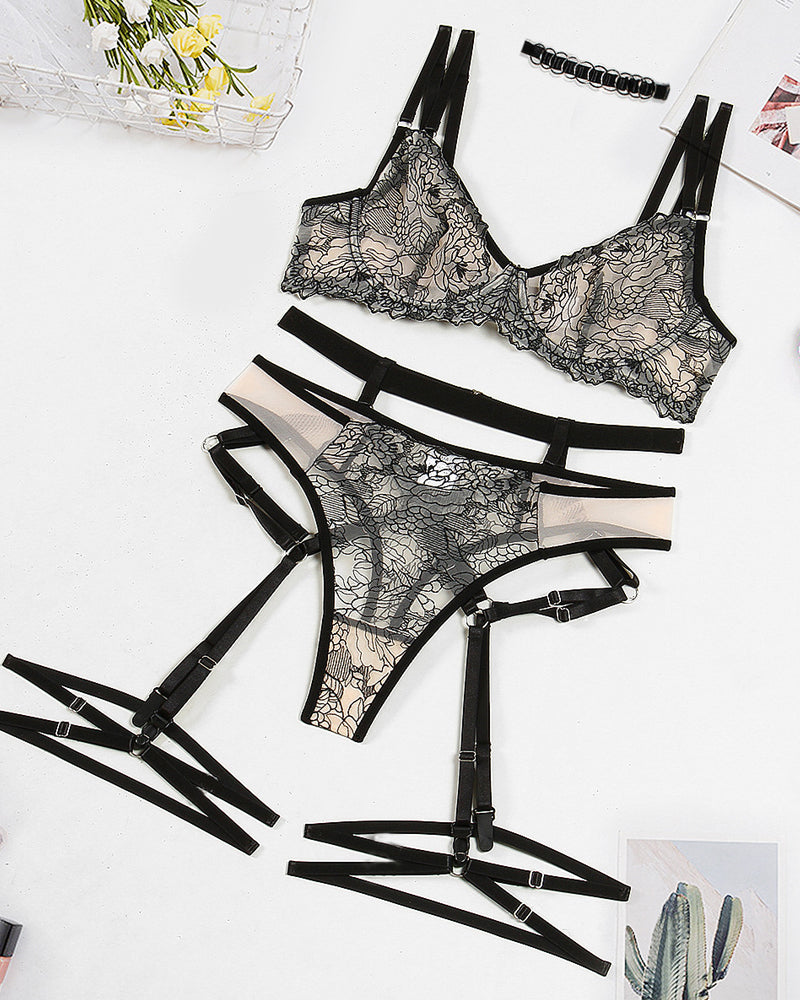 Sexy Flower Embroidered Mesh Splicing See-Through Lingerie Set