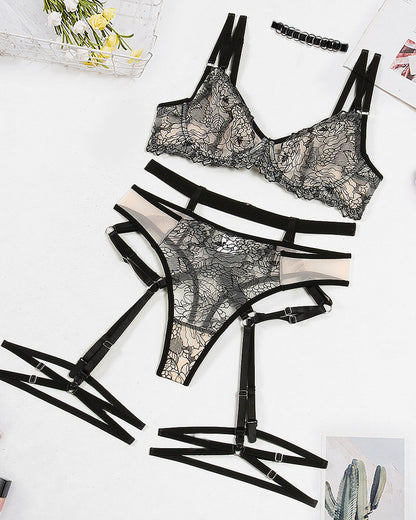Sexy Flower Embroidered Mesh Splicing See-Through Lingerie Set