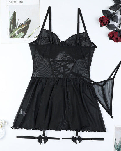 Sexy Lace Mesh See-Through Straps Cross Bow Mesh Ruffled Nightdress