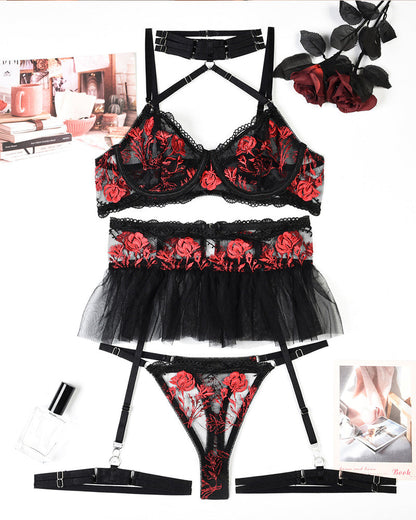 Floral Embroidery Mesh Patchwork Halter Neck Sexy Lingerie Set