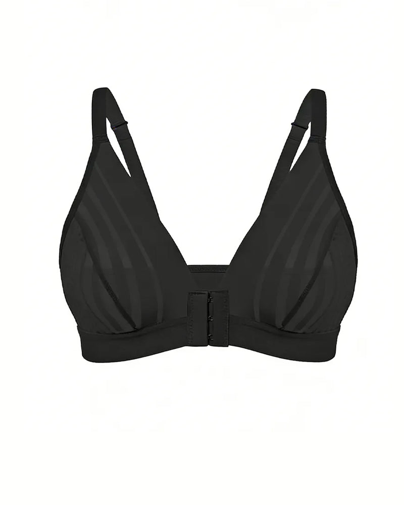 Sexy Deep V-neck Striped Mesh Paneling Front-closure Bra