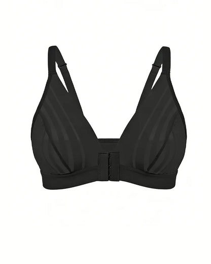 Sexy Deep V-neck Striped Mesh Paneling Front-closure Bra