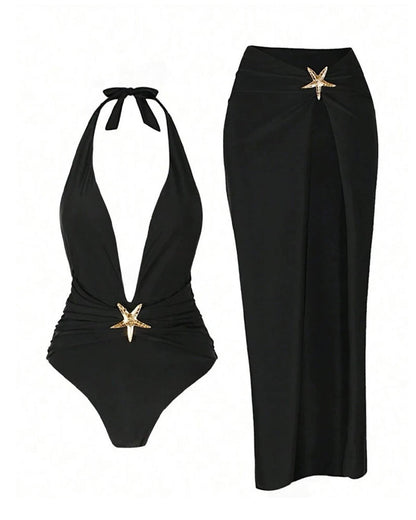 Sexy Deep V Halter Neck Swimsuit and High Slit Skirt Set