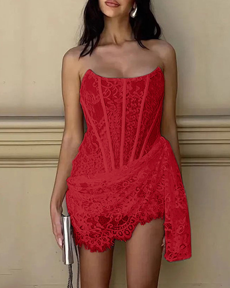 Sexy Lace Mesh Off-shoulder Strapless Slightly Sheer Bodycon Dress