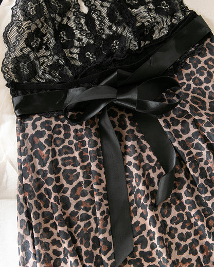 Deep V-neck Sexy Lace Trim Leopard Print Mesh Nightgown and Thong Set