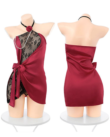 Sexy Halter Neck Lace See-through Mesh Patchwork Lingerie Nightgown Set