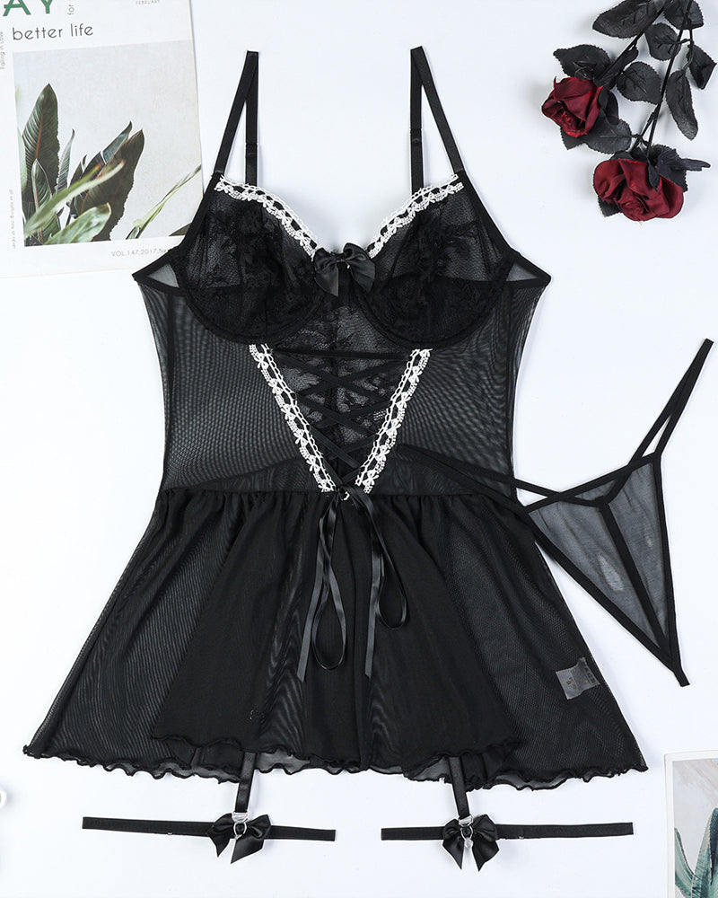 Sexy Lace Mesh See-Through Straps Cross Bow Mesh Ruffled Nightdress