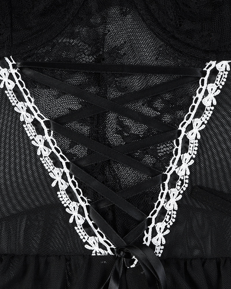 Sexy Lace Mesh See-Through Straps Cross Bow Mesh Ruffled Nightdress