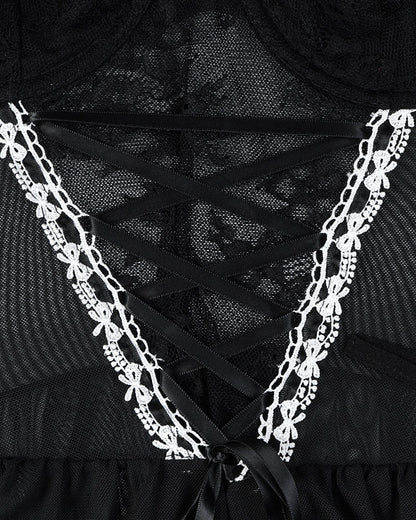 Sexy Lace Mesh See-Through Straps Cross Bow Mesh Ruffled Nightdress