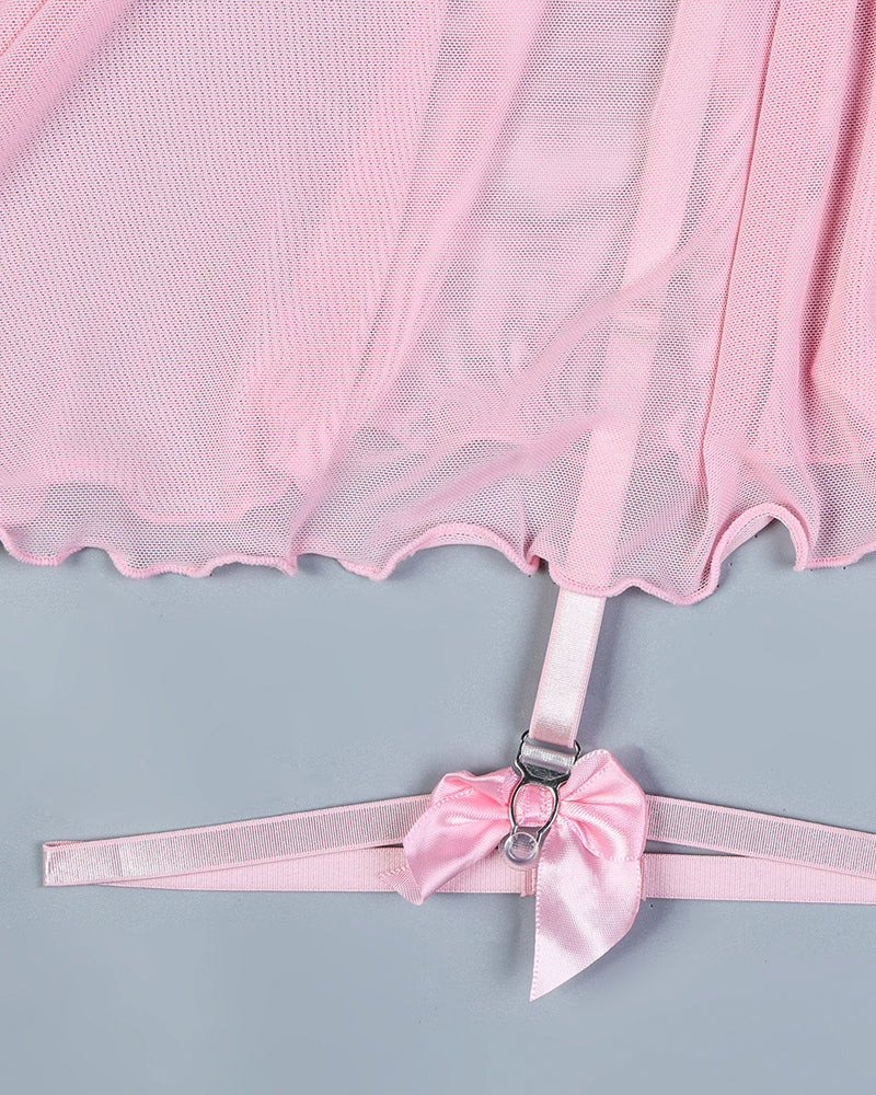 Sexy Lace Mesh See-Through Straps Cross Bow Mesh Ruffled Nightdress