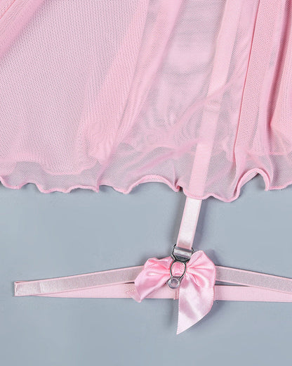 Sexy Lace Mesh See-Through Straps Cross Bow Mesh Ruffled Nightdress