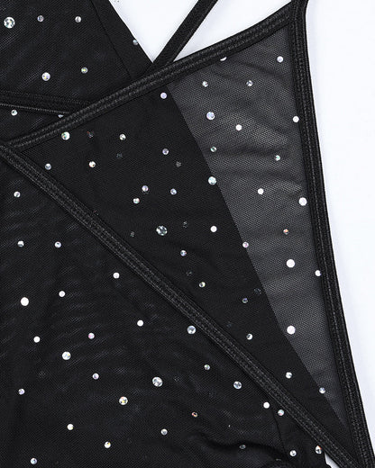 Sexy Rhinestone Feather Patchwork See-Through Elastic Mesh Slit Lingerie Nightgown