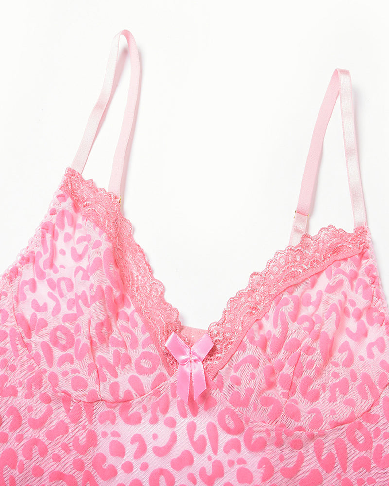 Sexy Deep V Flocked Leopard Print See-Through Mesh Bodycon Nightgown