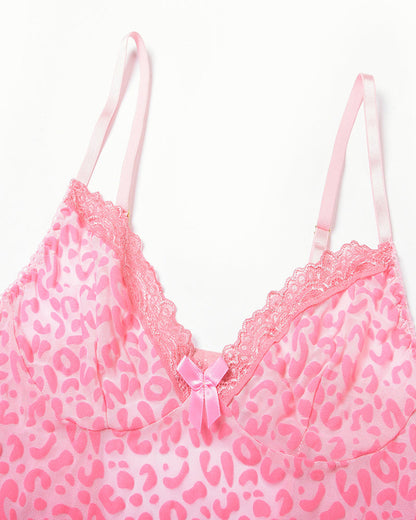 Sexy Deep V Flocked Leopard Print See-Through Mesh Bodycon Nightgown