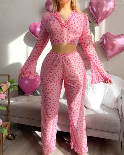 Valentine's Day Heart Print V-Neck Flared Long-Sleeved Top and Pants Pajama Set