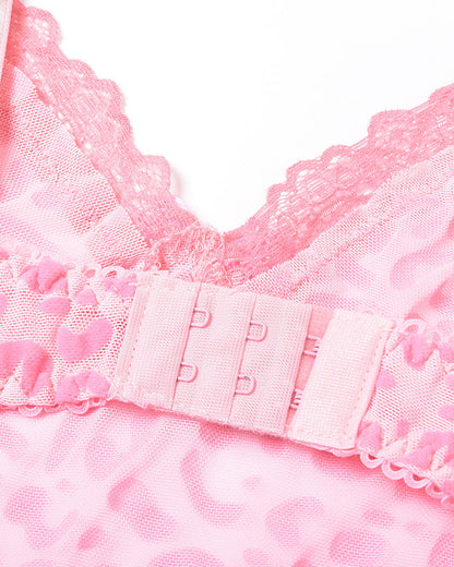 Sexy Deep V Flocked Leopard Print See-Through Mesh Bodycon Nightgown