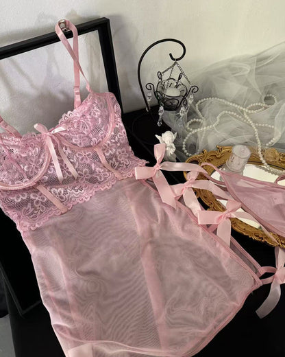 Sexy Mesh See-through Lace Bow Decoration Bodycon Nightgown Set