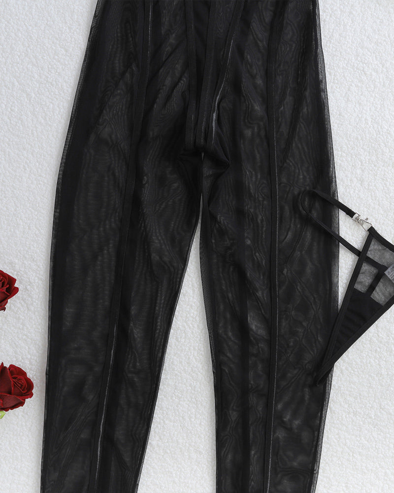 Vertical Striped See-Through Tulle Slim-Fitting Sexy Halterneck Jumpsuit