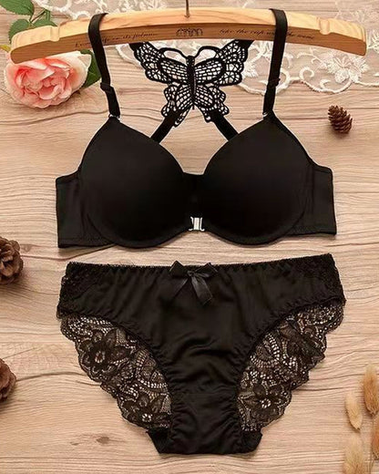 Front-fastening Underwire Butterfly Back Bra and Lace Patchwork Panty Set