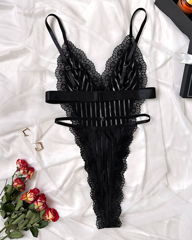 Deep V-neck Lace-trimmed Striped See-through Mesh Sexy Lingerie Bodysuit