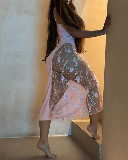 Deep V Sexy Mesh See-through Embroidered Floral Long Slip Dress