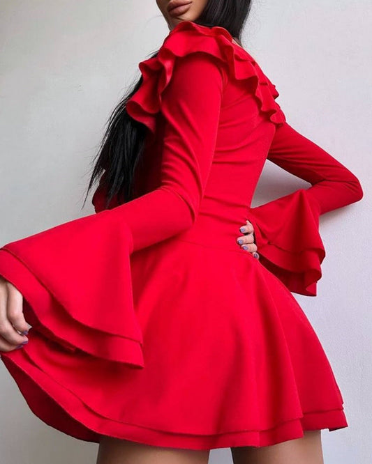Stylish V Neck Slim-fit Tie-up Ruffle Bell Sleeve Dress