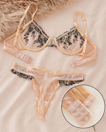 Sexy French-style Ultra-thin Push-up Floral Embroidered Mesh See-through Lingerie Set