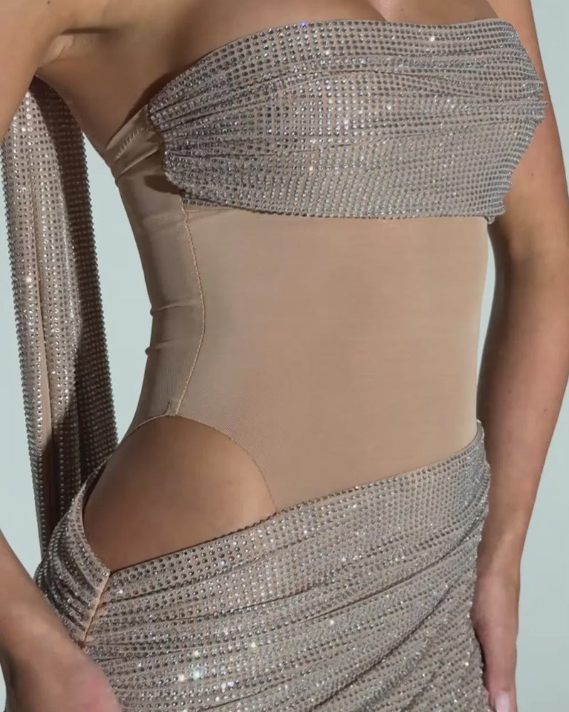 Sexy Sequined Ribbon Sleeveless Strapless Long Dress