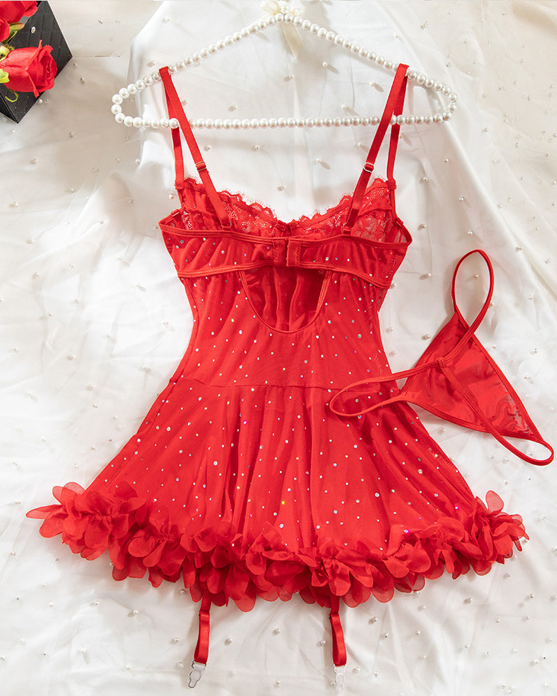 Sexy French-style Lace Mesh Sequined Lingerie Set