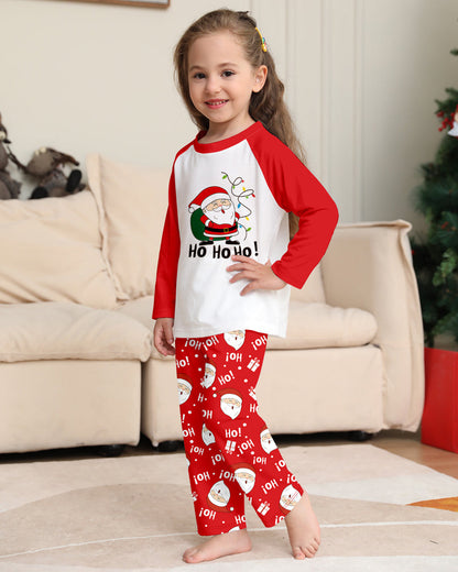 Santa Claus Print Round Neck Raglan Sleeve Color Block Parent-Child Lounge Pajama Set