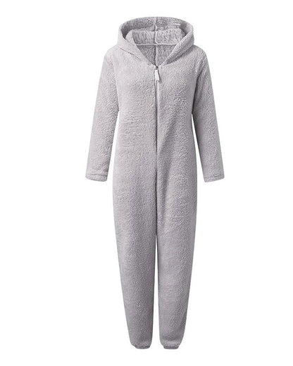 Teddy Bear Ear Zipper Hooded Plush Long-Sleeved Pants Onesie Pajamas