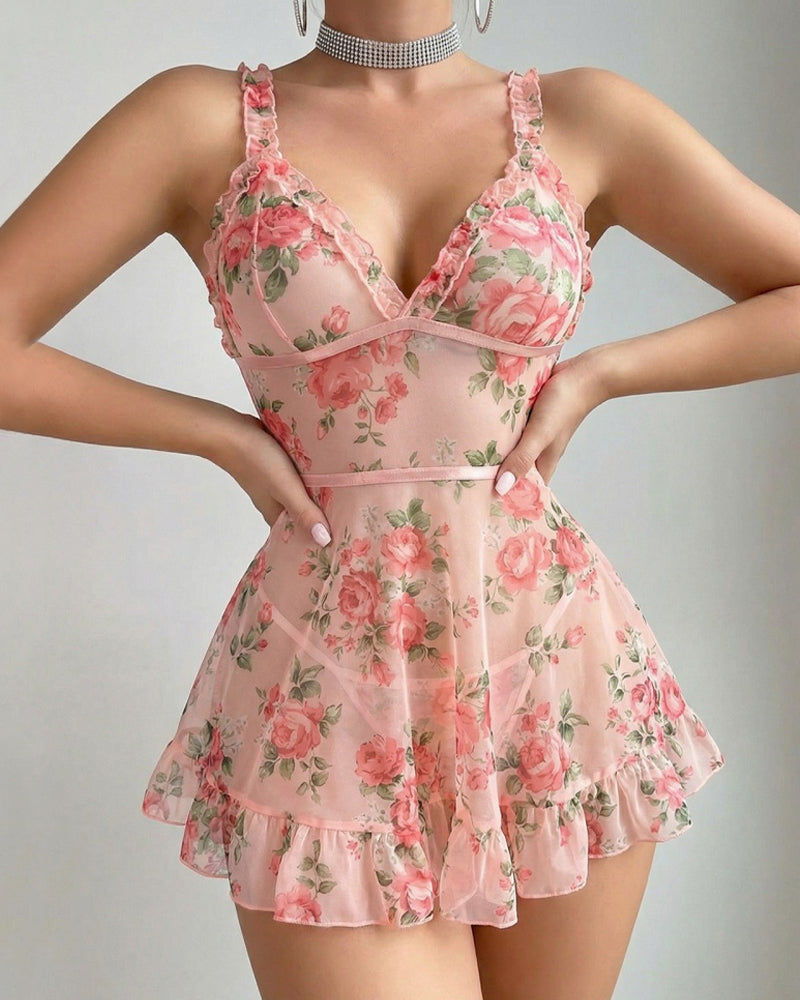Deep V-neck Floral Print Sheer Mesh Ruffle Camisole Nightgown