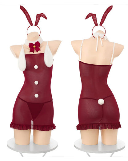 Christmas Sexy Bunny Girl Plush See-Through Mesh Patchwork Strapless Lingerie Nightgown with Headband