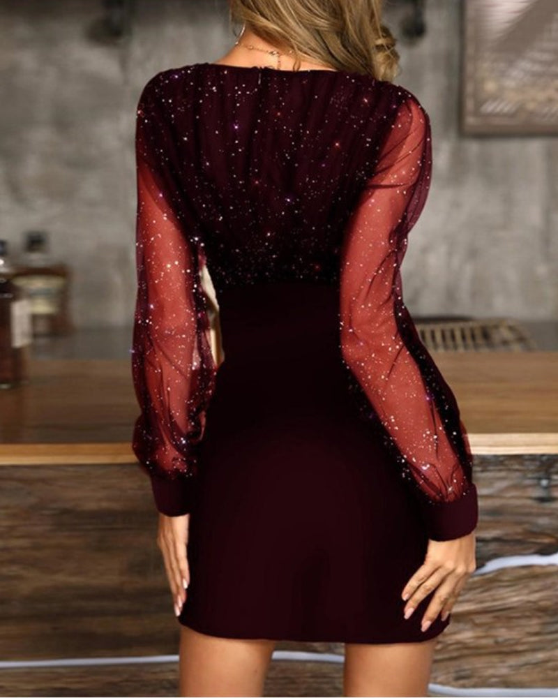 Sexy Slim Fit Mesh V-neck Sequined Dress