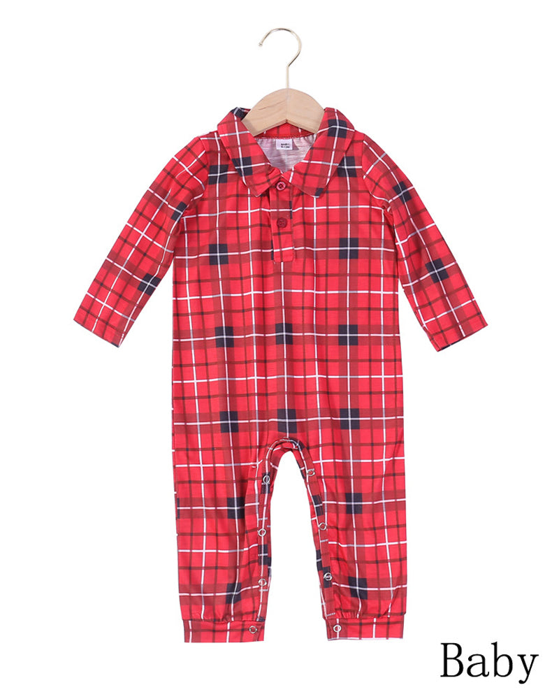 Christmas Red Plaid Print Crew Neck Family Pajama Set