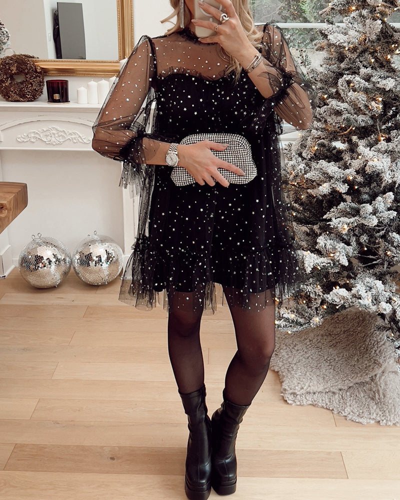 Christmas Black Glittering Mesh Round Neck Long Sleeve Dress