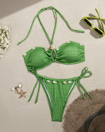 Beach Vacation Seashell Embellishments Sexy Cross-neck Halter Top Bikini Swimsuit Set