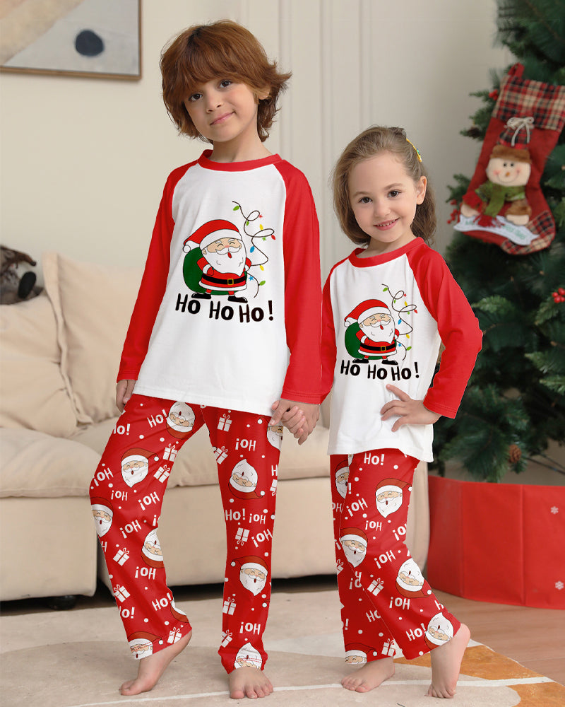 Santa Claus Print Round Neck Raglan Sleeve Color Block Parent-Child Lounge Pajama Set