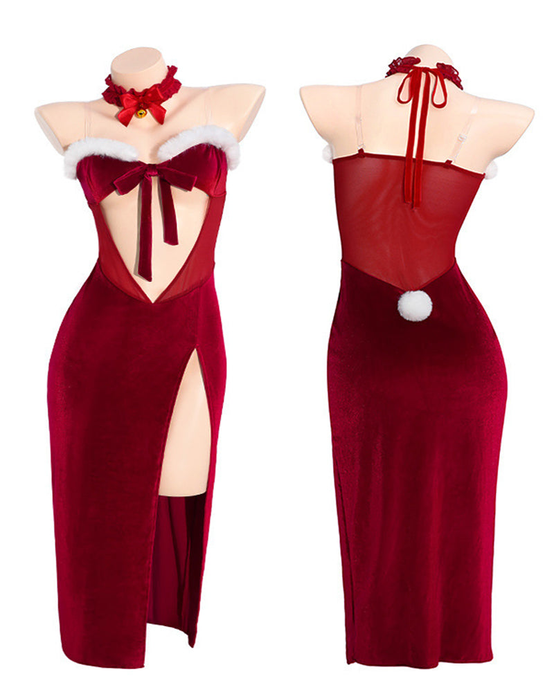 Christmas Bunny Sexy Velvet High-slit Long Lingerie Dress