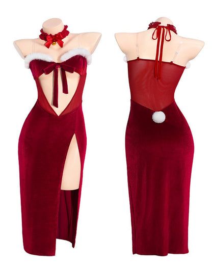 Christmas Bunny Sexy Velvet High-slit Long Lingerie Dress