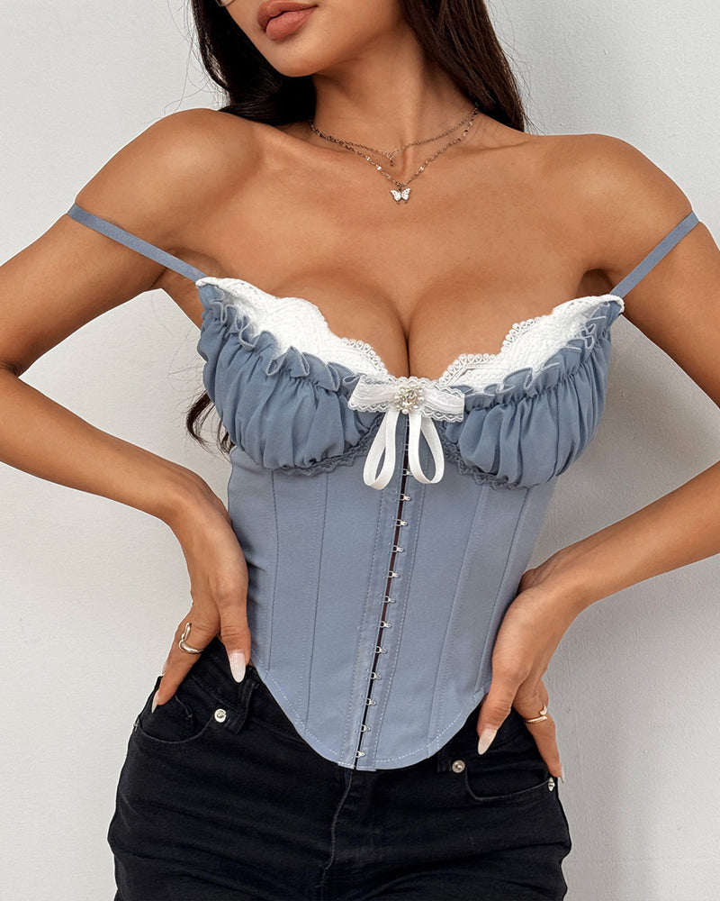 Sexy Sheer Mesh Lace Patchwork Boning Spaghetti Straps Corset Top