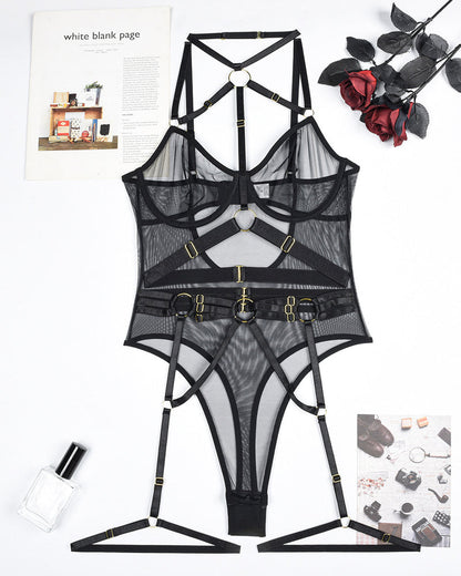 Leopard Print See-Through Mesh Bondage Sexy Underwire Bodysuit