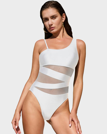 One Shoulder Mesh High Cut One-Piece Swimsuit